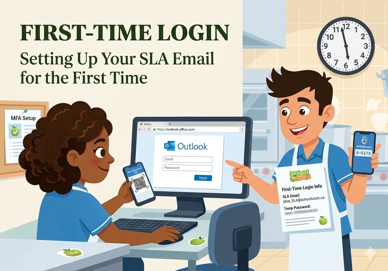 Two School Lunch Association staff members setting up their SLA email and MFA on a computer in a school cafeteria